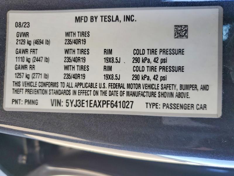 Продажа на аукционе авто 2023 Tesla Model 3, vin: 5YJ3E1EAXPF641027, номер лота: 46448946