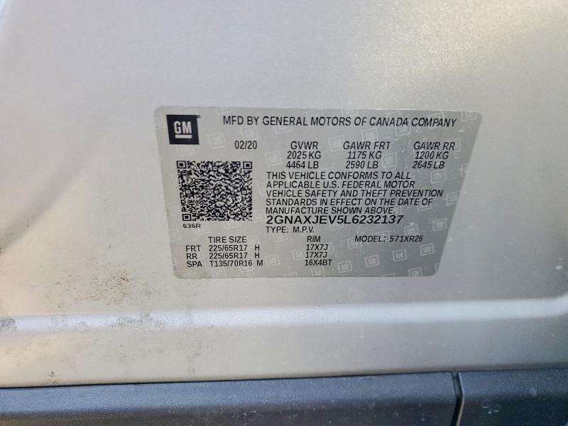Aukcja sprzedaży 2020 Chevrolet Equinox, vin: 2GNAXJEV5L6232137, numer aukcji: 46935586