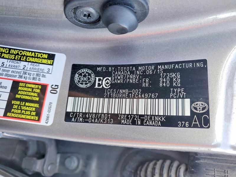 Продажа на аукционе авто 2015 Toyota Corolla, vin: 2T1BURHE1FC449767, номер лота: 41587266