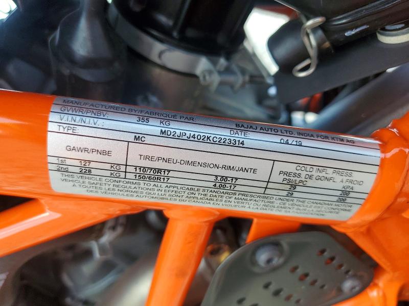 46946886 :رقم المزاد ، MD2JPJ402KC223314 vin ، 2019 Ktm 390 مزاد بيع