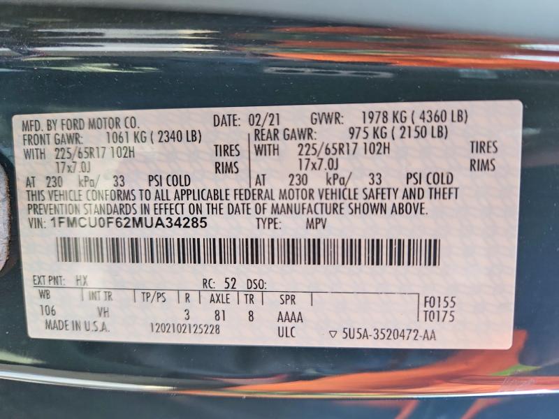 Aukcja sprzedaży 2021 Ford Escape, vin: 1FMCU0F62MUA34285, numer aukcji: 46243666