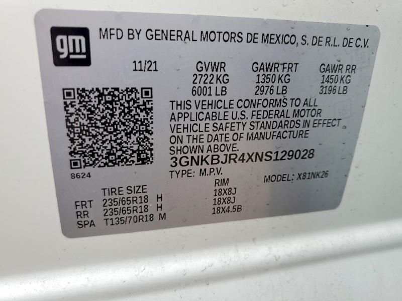 46126896 :رقم المزاد ، 3GNKBJR4XNS129028 vin ، 2022 Chevrolet Blazer مزاد بيع
