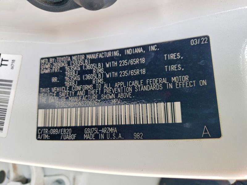 Aukcja sprzedaży 2022 Toyota Highlander, vin: 5TDGZRBH5NS206267, numer aukcji: 55809256