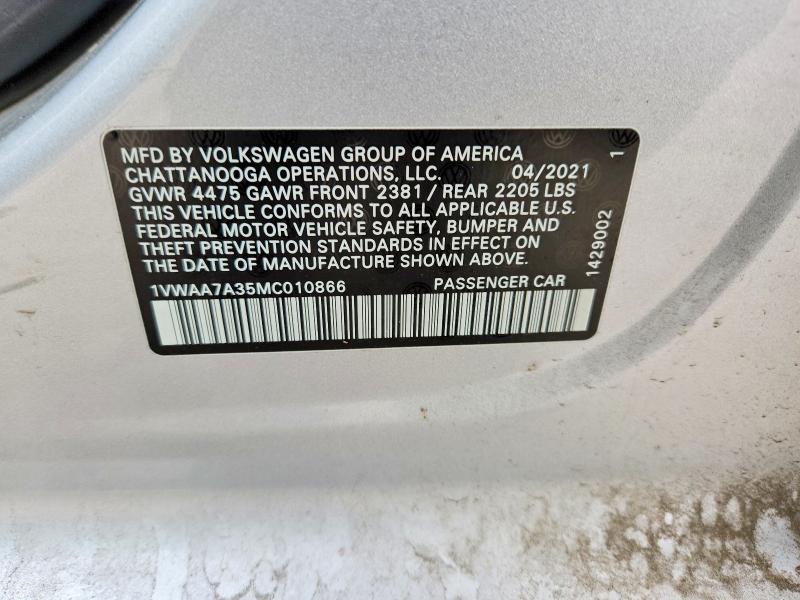 2021 Volkswagen Passat მანქანა იყიდება აუქციონზე, vin: 1VWAA7A35MC010866, აუქციონის ნომერი: 47759416