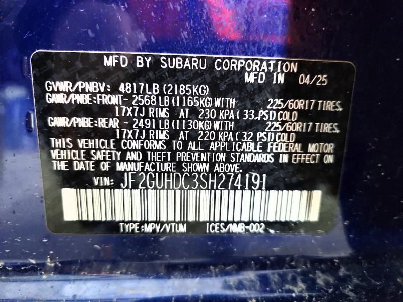 Aukcja sprzedaży 2025 Subaru Crosstrek, vin: JF2GUHDC3SH274191, numer aukcji: 42052116