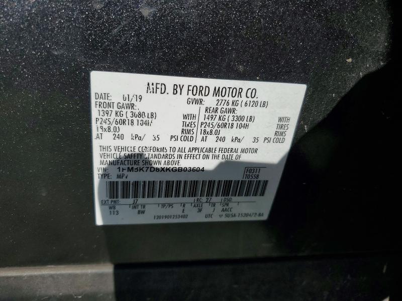 47598156 :رقم المزاد ، 1FM5K7D8XKGB03604 vin ، 2019 Ford Explorer مزاد بيع