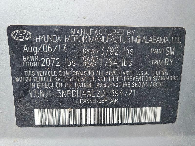 47216036 :رقم المزاد ، 5NPDH4AE2DH394721 vin ، 2013 Hyundai Elantra مزاد بيع