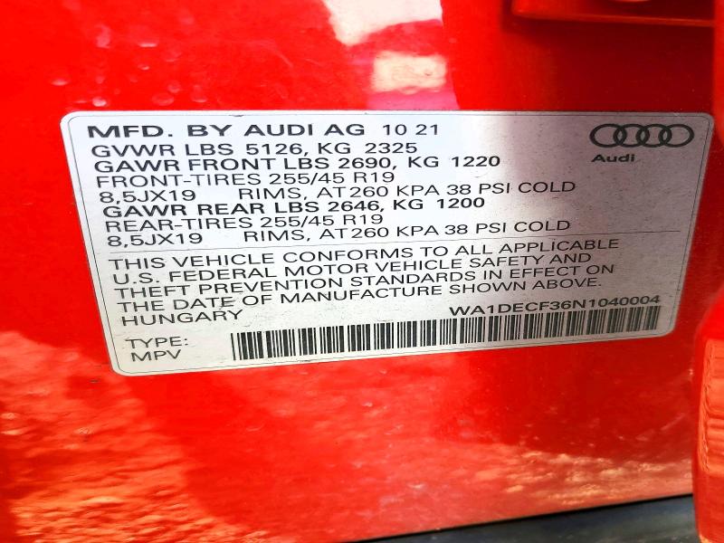 Aukcja sprzedaży 2022 Audi Q3, vin: WA1DECF36N1040004, numer aukcji: 42057996