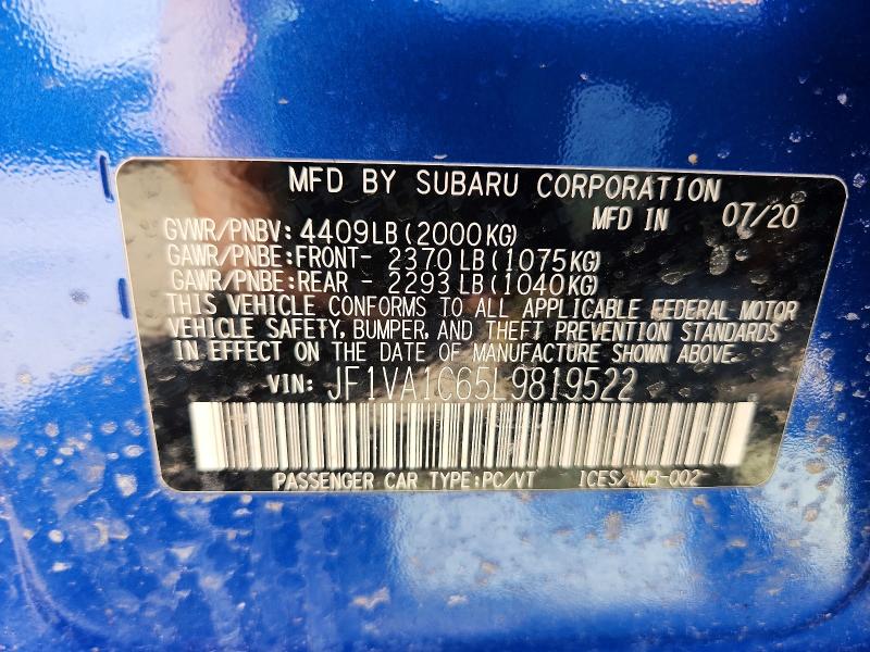 Aukcja sprzedaży 2020 Subaru Wrx, vin: JF1VA1C65L9819522, numer aukcji: 41823026