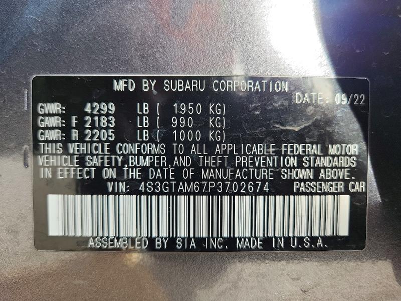 2023 Subaru Impreza მანქანა იყიდება აუქციონზე, vin: 4S3GTAM67P3702674, აუქციონის ნომერი: 47121846