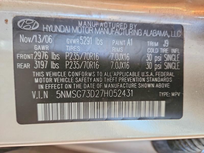 Aukcja sprzedaży 2007 Hyundai Santa Fe, vin: 5NMSG73D27H052431, numer aukcji: 46615406