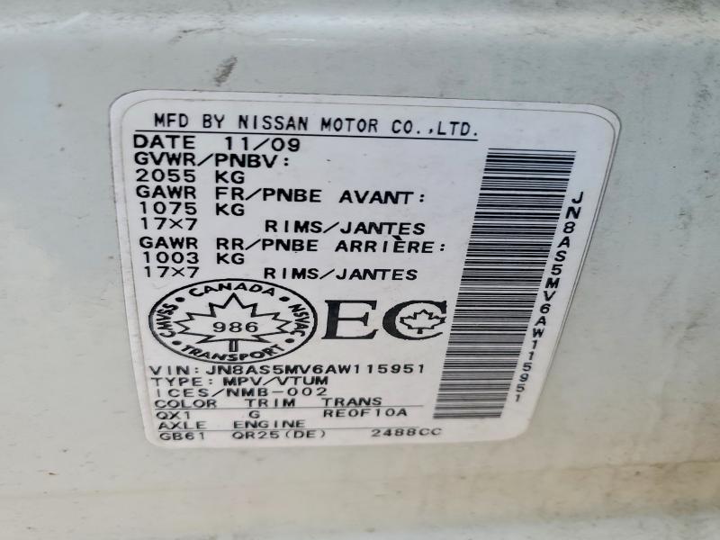 77217625 :رقم المزاد ، JN8AS5MV6AW115951 vin ، 2010 Nissan Rogue مزاد بيع