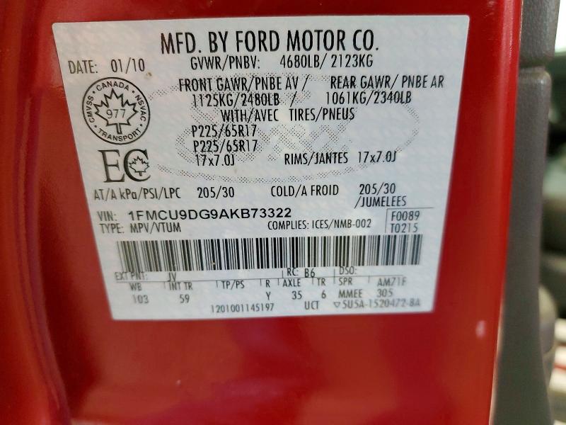 47008426 :رقم المزاد ، 1FMCU9DG9AKB73322 vin ، 2010 Ford Escape مزاد بيع