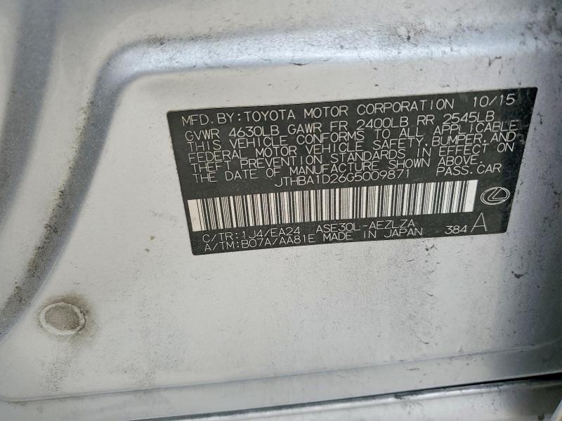 79826355 :رقم المزاد ، JTHBA1D26G5009871 vin ، 2016 Lexus Is 200t مزاد بيع