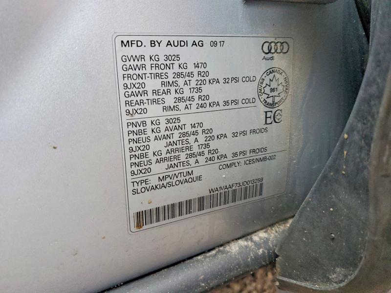 Продаж на аукціоні авто 2018 Audi Q7, vin: WA1VAAF73JD013259, номер лоту: 41893136