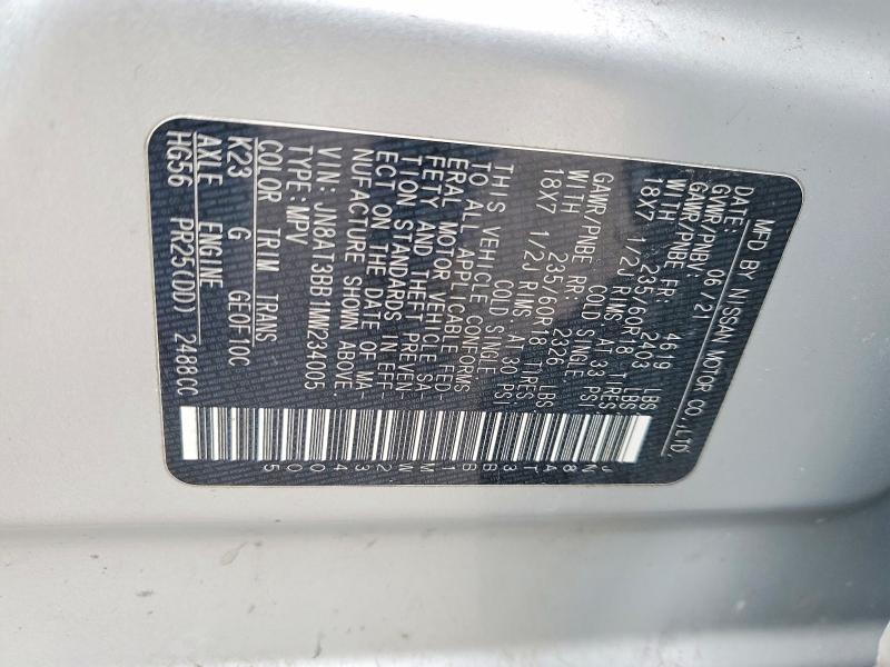 79796525 :رقم المزاد ، JN8AT3BB1MW234005 vin ، 2021 Nissan Rogue مزاد بيع