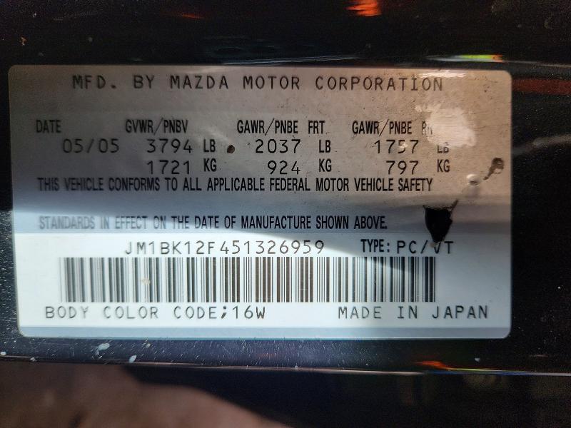 Продаж на аукціоні авто 2005 Mazda 3, vin: JM1BK12F451326959, номер лоту: 47111346