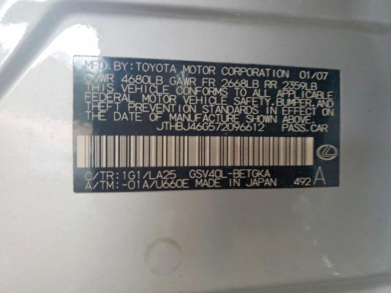 Продажа на аукционе авто 2007 Lexus Es 350, vin: JTHBJ46G572096612, номер лота: 46102756