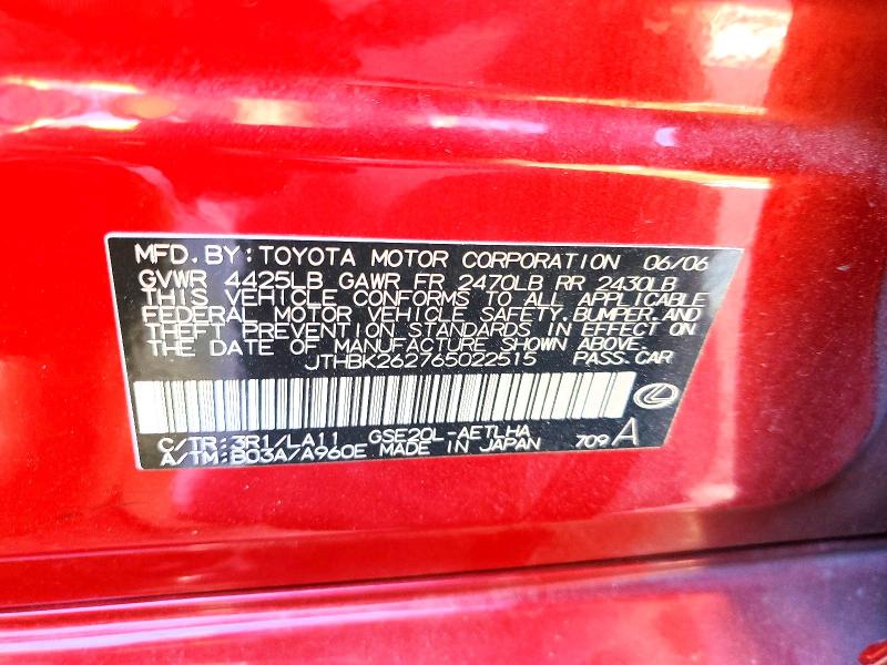 45502646 :رقم المزاد ، JTHBK262765022515 vin ، 2006 Lexus Is 250 مزاد بيع