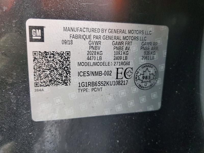 79339865 :رقم المزاد ، 1G1RB6S52KU108217 vin ، 2019 Chevrolet Volt مزاد بيع
