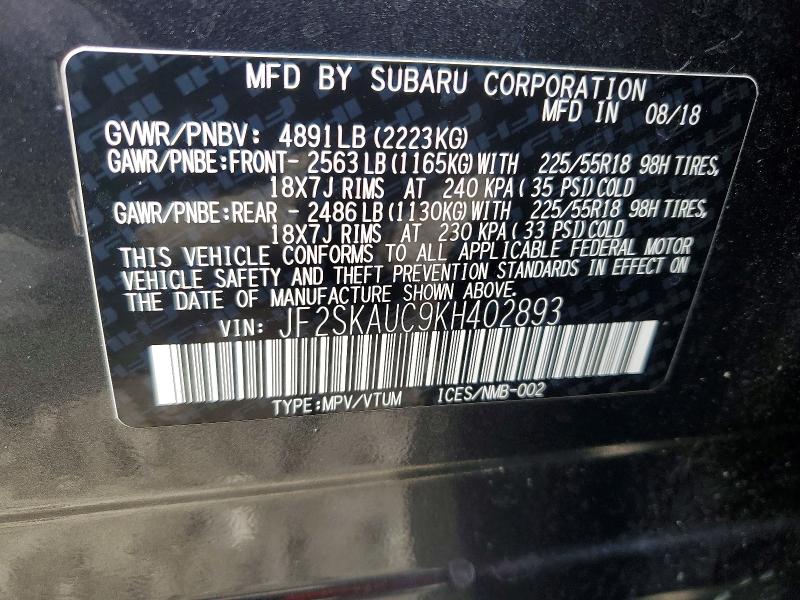 78718965 :رقم المزاد ، JF2SKAUC9KH402893 vin ، 2019 Subaru Forester مزاد بيع