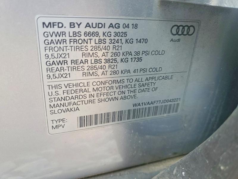 Auction sale of the 2018 Audi Q7, vin: WA1VAAF77JD043221, lot number: 47377056