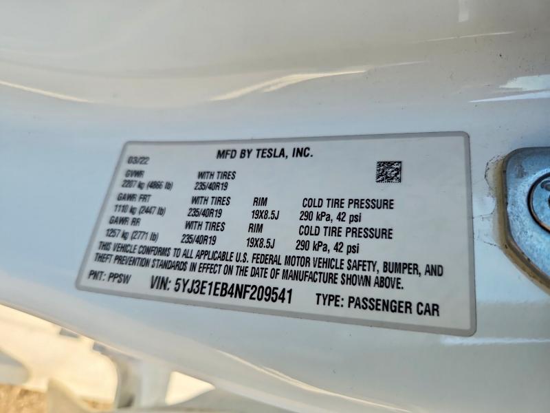 2022 Tesla Model 3 მანქანა იყიდება აუქციონზე, vin: 5YJ3E1EB4NF209541, აუქციონის ნომერი: 79094055