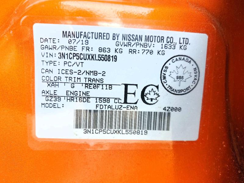 Aukcja sprzedaży 2019 Nissan Truck/van Kicks Sr 4dr 2wd, vin: 3N1CP5CUXKL550819, numer aukcji: 47341786
