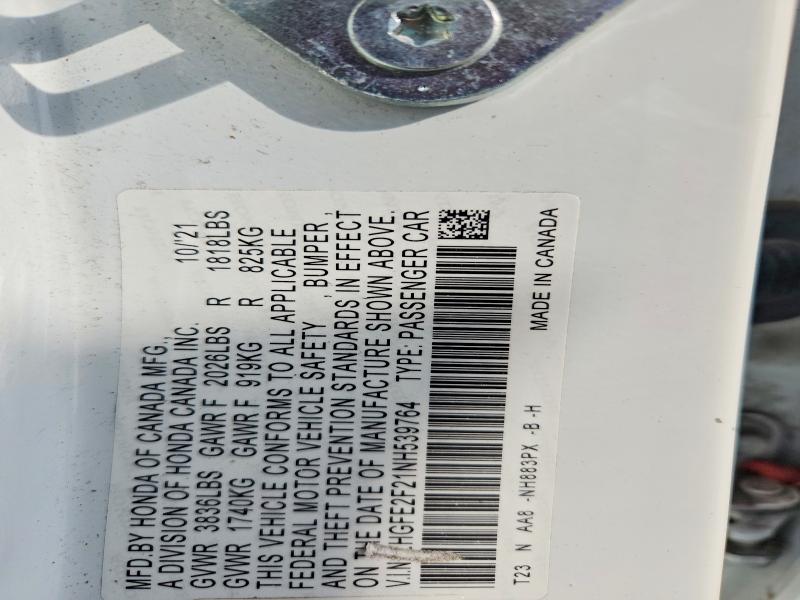 Продаж на аукціоні авто 2022 Honda Civic, vin: 2HGFE2F21NH539764, номер лоту: 48144576