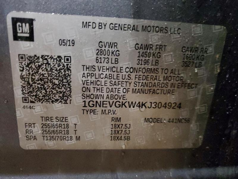 78176175 :رقم المزاد ، 1GNEVGKW4KJ304924 vin ، 2019 Chevrolet Traverse مزاد بيع