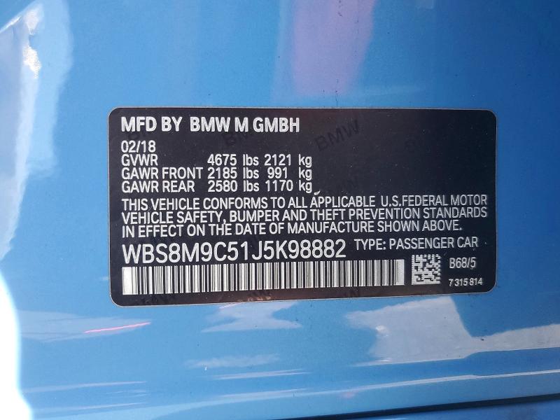 Aukcja sprzedaży 2018 Bmw M3, vin: WBS8M9C51J5K98882, numer aukcji: 78154005