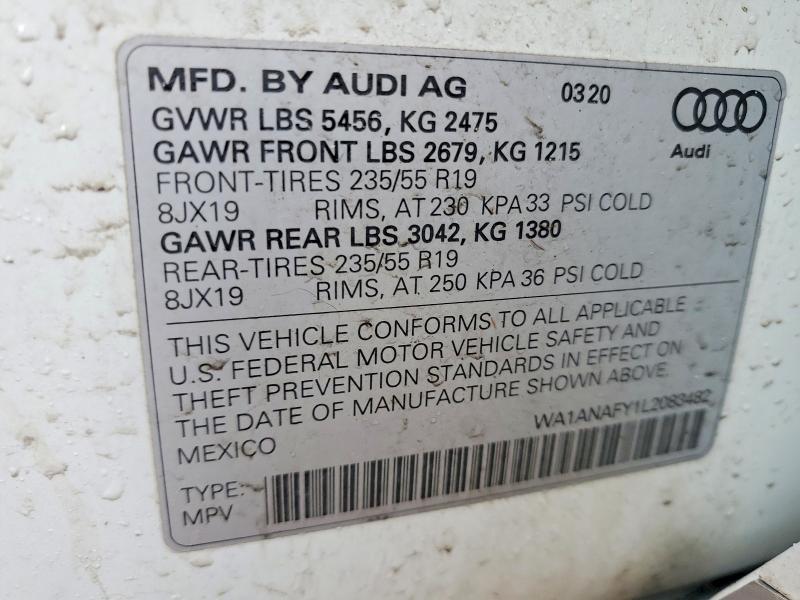 2020 Audi Q5 მანქანა იყიდება აუქციონზე, vin: WA1ANAFY1L2083482, აუქციონის ნომერი: 45963026