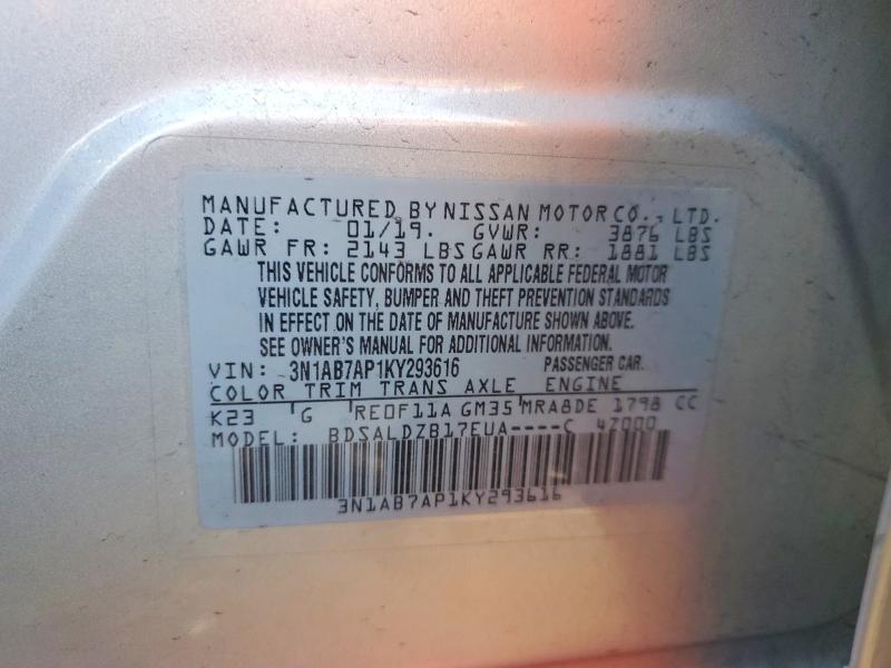 46827396 :رقم المزاد ، 3N1AB7AP1KY293616 vin ، 2019 Nissan Sentra مزاد بيع