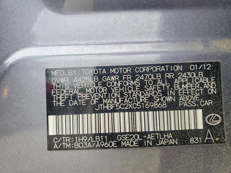 47284556 :رقم المزاد ، JTHBF5C2XC5169868 vin ، 2012 Lexus Is 250 مزاد بيع