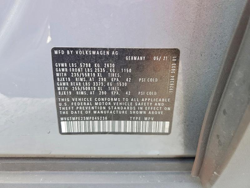 48166486 :رقم المزاد ، WVGTMPE23MP045236 vin ، 2021 Volkswagen Id.4 مزاد بيع