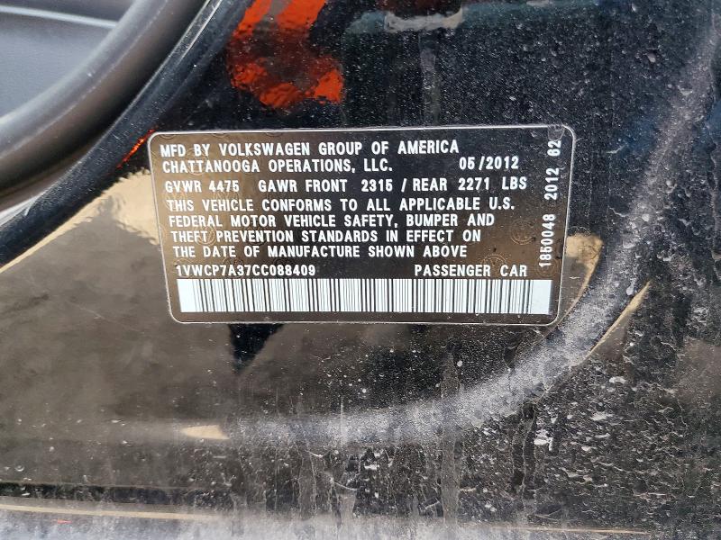 Aukcja sprzedaży 2012 Volkswagen Passat, vin: 1VWCP7A37CC088409, numer aukcji: 47544716