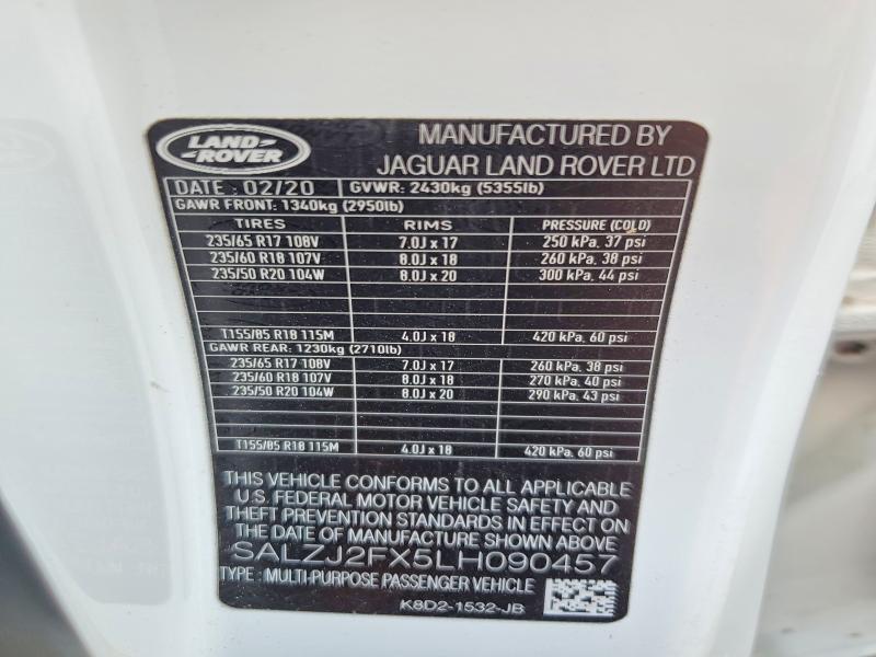Aukcja sprzedaży 2020 Land Rover Range Rover Evoque, vin: SALZJ2FX5LH090457, numer aukcji: 47155296