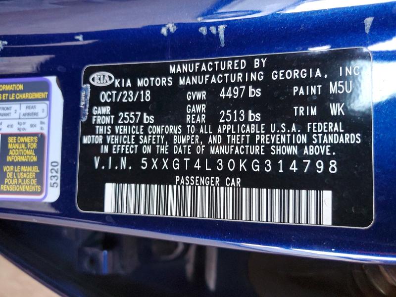 46707516 :رقم المزاد ، 5XXGT4L30KG314798 vin ، 2019 Kia Optima مزاد بيع
