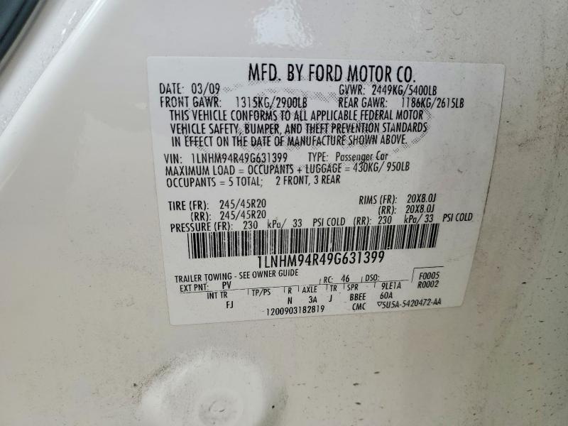 2009 Lincoln Mks მანქანა იყიდება აუქციონზე, vin: 1LNHM94R49G631399, აუქციონის ნომერი: 46832566