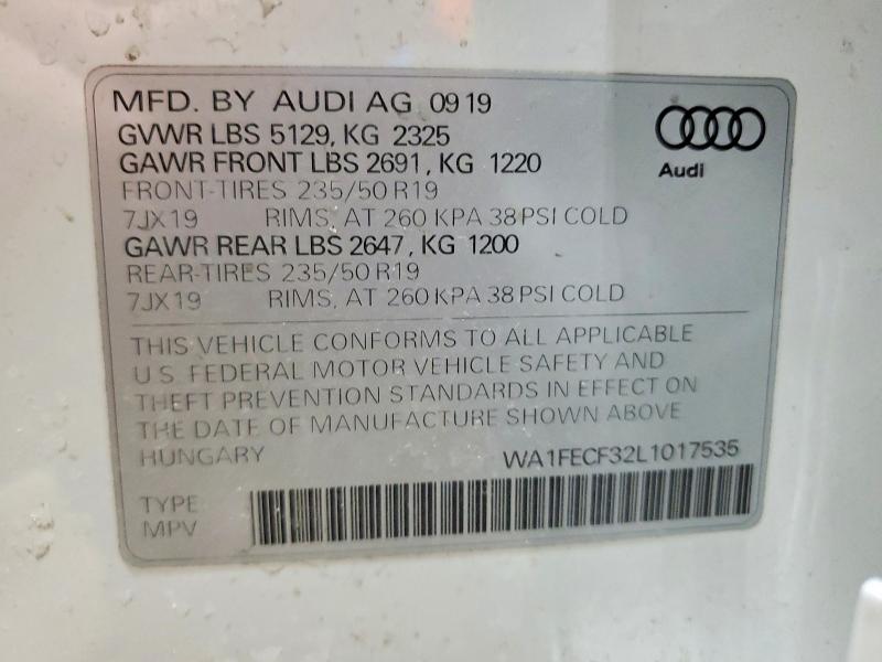 41594926 :رقم المزاد ، WA1FECF32L1017535 vin ، 2020 Audi Q3 مزاد بيع