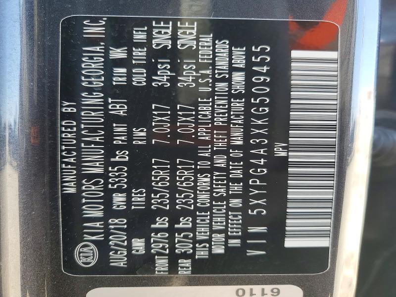 Aukcja sprzedaży 2019 Kia Sorento, vin: 5XYPG4A3XKG509455, numer aukcji: 41641126