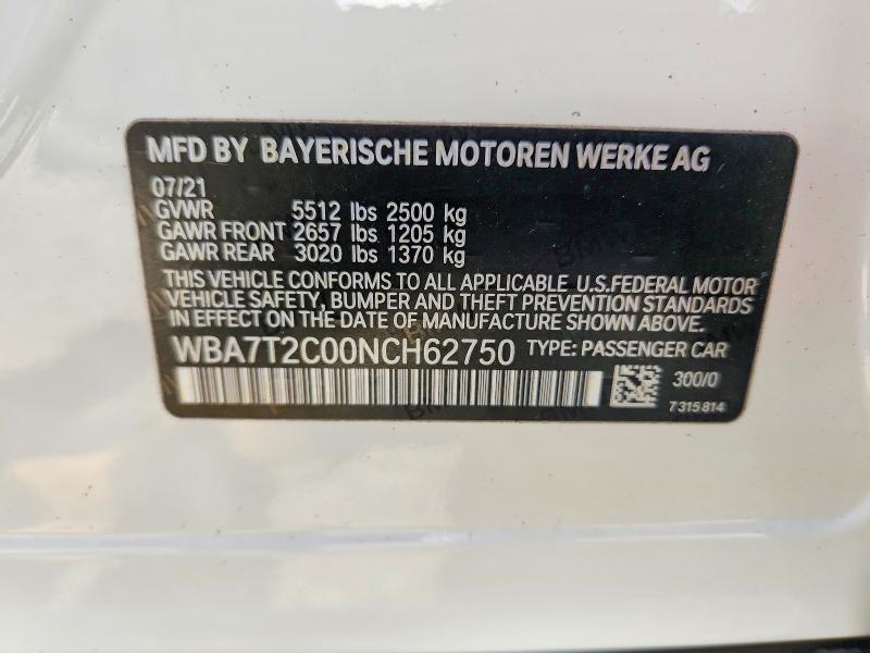 Продаж на аукціоні авто 2022 Bmw 740, vin: WBA7T2C00NCH62750, номер лоту: 45701916