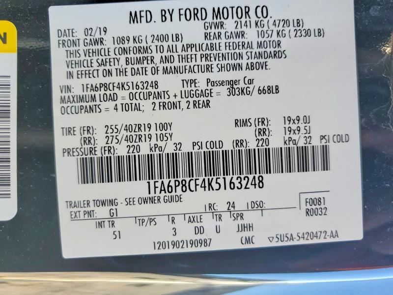 Auction sale of the 2019 Ford Mustang, vin: 1FA6P8CF4K5163248, lot number: 45875276