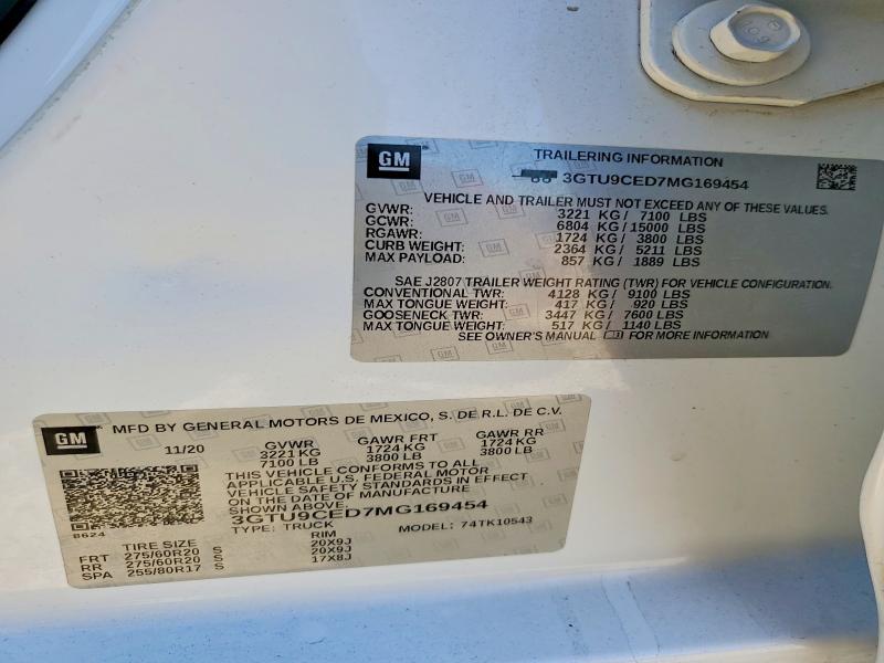 Aukcja sprzedaży 2021 Gmc Sierra, vin: 3GTU9CED7MG169454, numer aukcji: 45970946