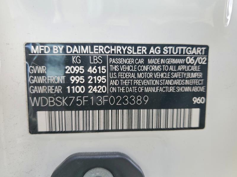 46312216 :رقم المزاد ، WDBSK75F13F023389 vin ، 2003 Mercedes Benz Sl مزاد بيع