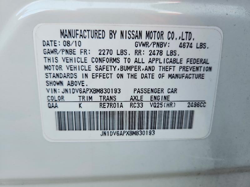 46300206 :رقم المزاد ، JN1DV6APXBM830193 vin ، 2011 Infiniti G25 Sedan مزاد بيع
