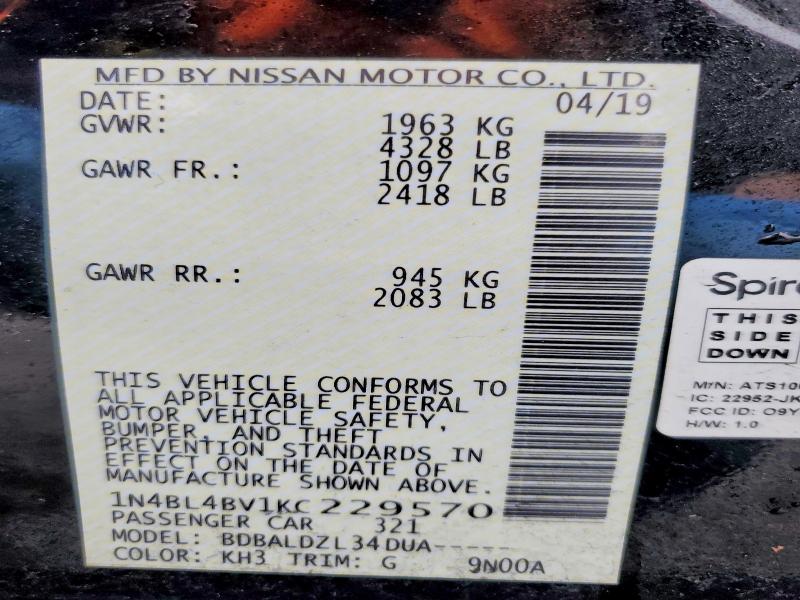 79555955 :رقم المزاد ، 1N4BL4BV1KC229570 vin ، 2019 Nissan Altima مزاد بيع