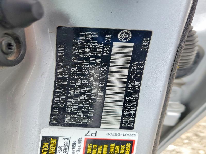 41590796 :رقم المزاد ، 4T1BF1FK1CU072503 vin ، 2012 Toyota Camry مزاد بيع