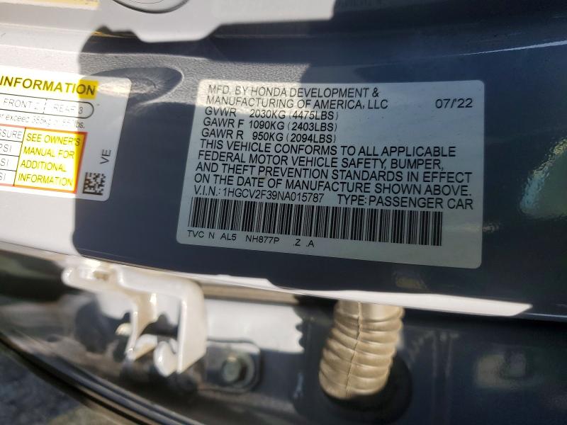 Продаж на аукціоні авто 2022 Honda Accord, vin: 1HGCV2F39NA015787, номер лоту: 42012196