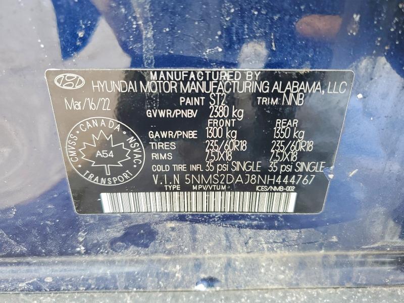 Aukcja sprzedaży 2022 Hyundai Santa Fe, vin: 5NMS2DAJ8NH444767, numer aukcji: 46847996